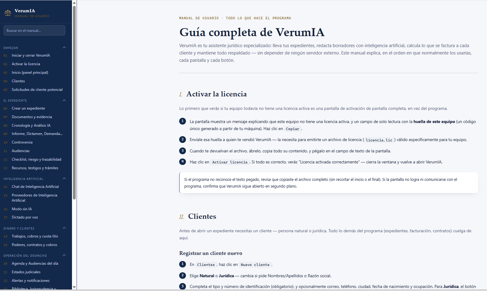 Manual de usuario de VerumIA, con índice de capítulos y buscador, abierto en el capítulo 'Activar la licencia'.